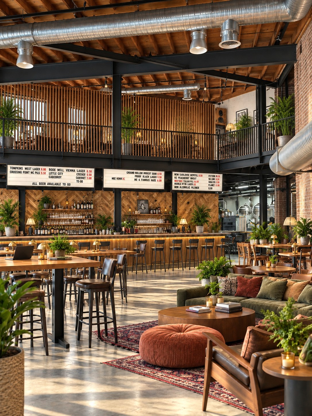 Concept of the social house by day, with natural light, a café bar, plants and comfortable lounge seating.