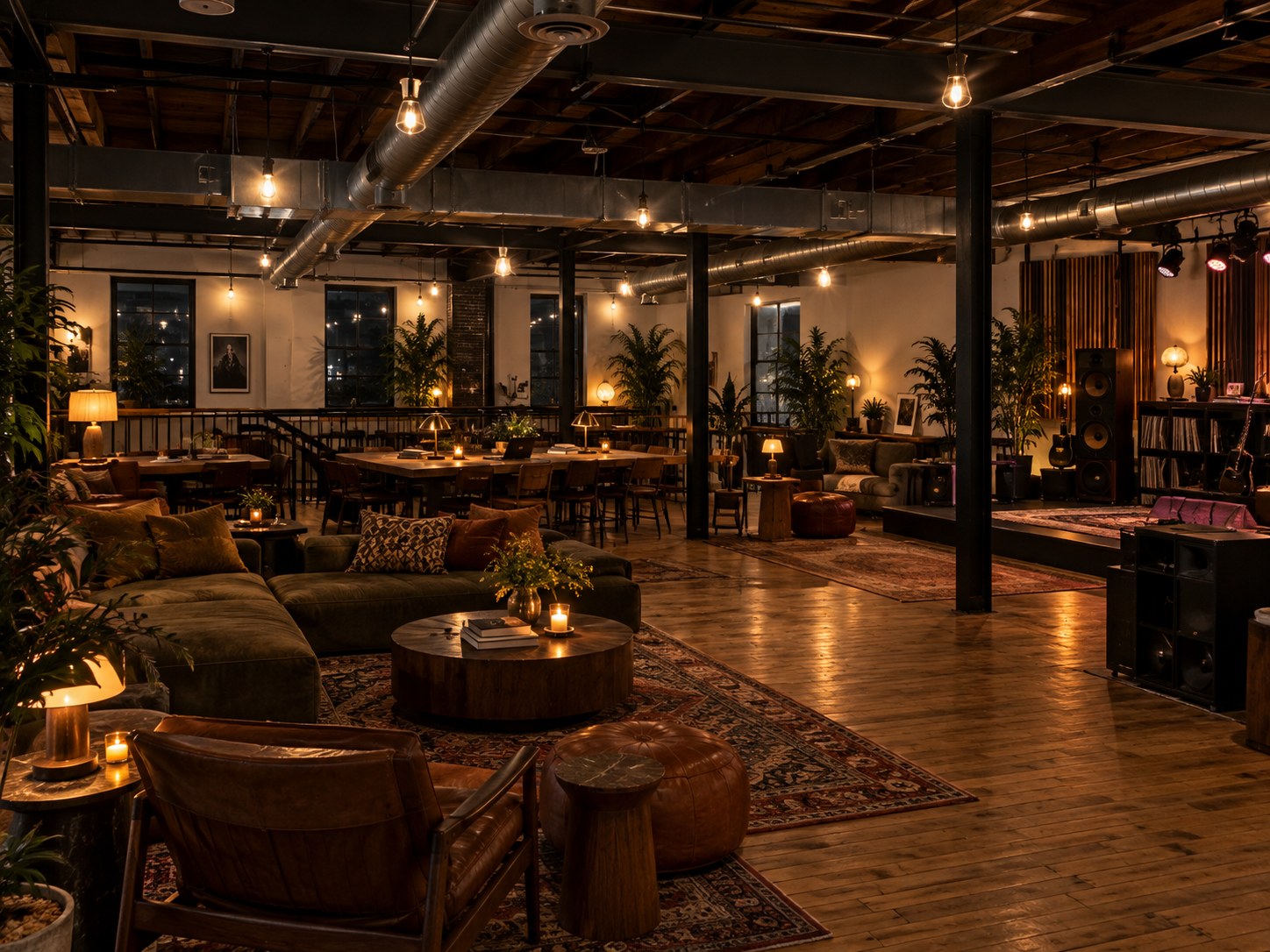 Concept of a welcoming lounge with green velvet sofas, candlelit tables, exposed beams and a music stage.